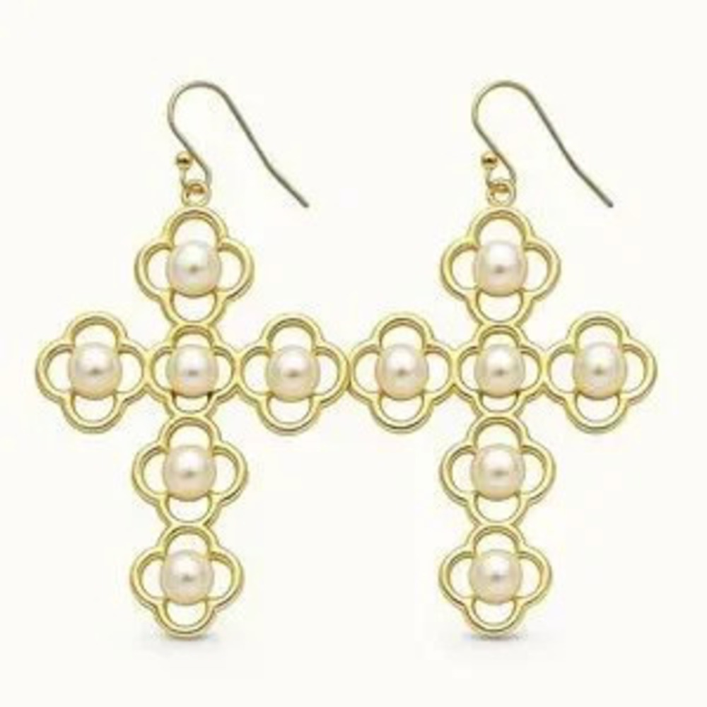 ?? Loe Elegant Gold Cross Floral Earrings With Pearl ???????